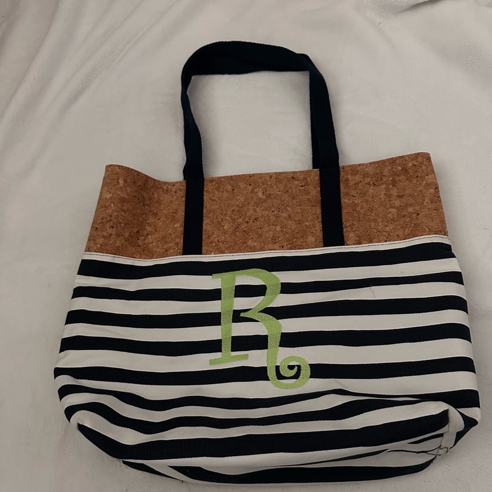 Personalized R Canvas Tote Bag with Cork Trim - Navy & White with Green Monogram